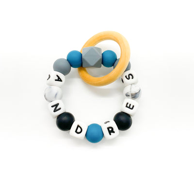 blue black marble teether ring personalized