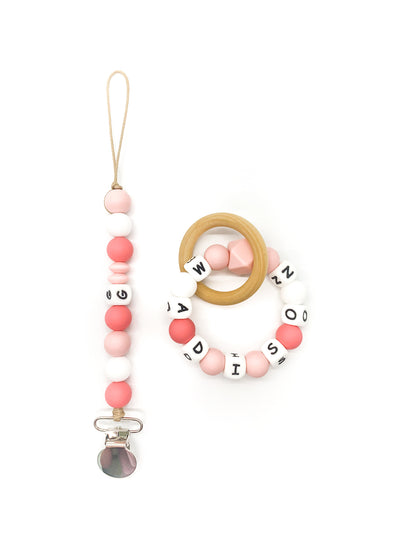 pink personalized pacifier clip teether ring