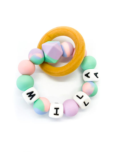 tie dye baby teether ring personalized